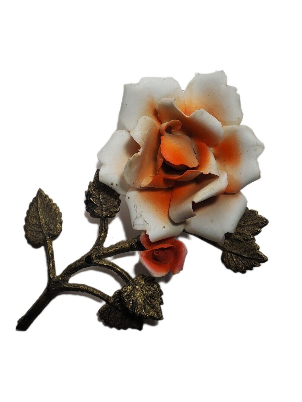 ITALIAN Capodimonte Porcelain Rose Figurine with a Brass Stem Leaves